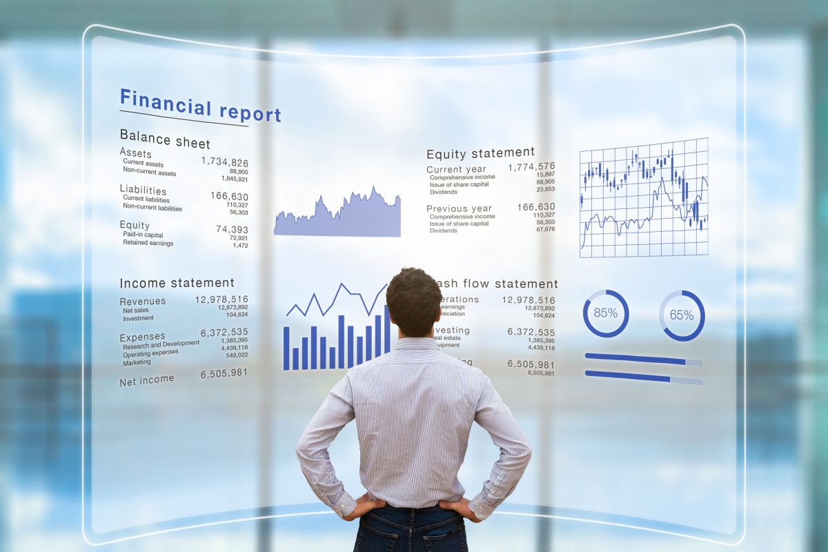 Businessman analyzing financial report data company operations,
